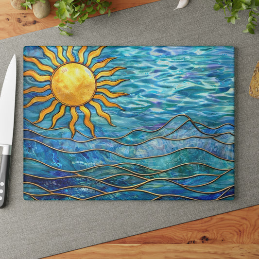 Sunlit Ocean Waves Glass Cutting Board – Coastal Art Kitchen Decor