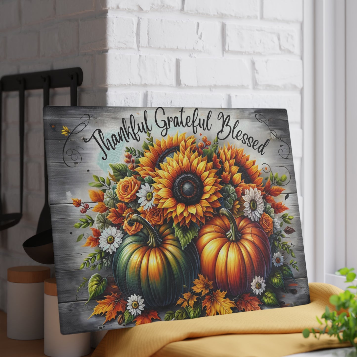 🍂🌻 “Thankful • Grateful • Blessed” Glass Cutting Board – Harvest Glow for Your Kitchen