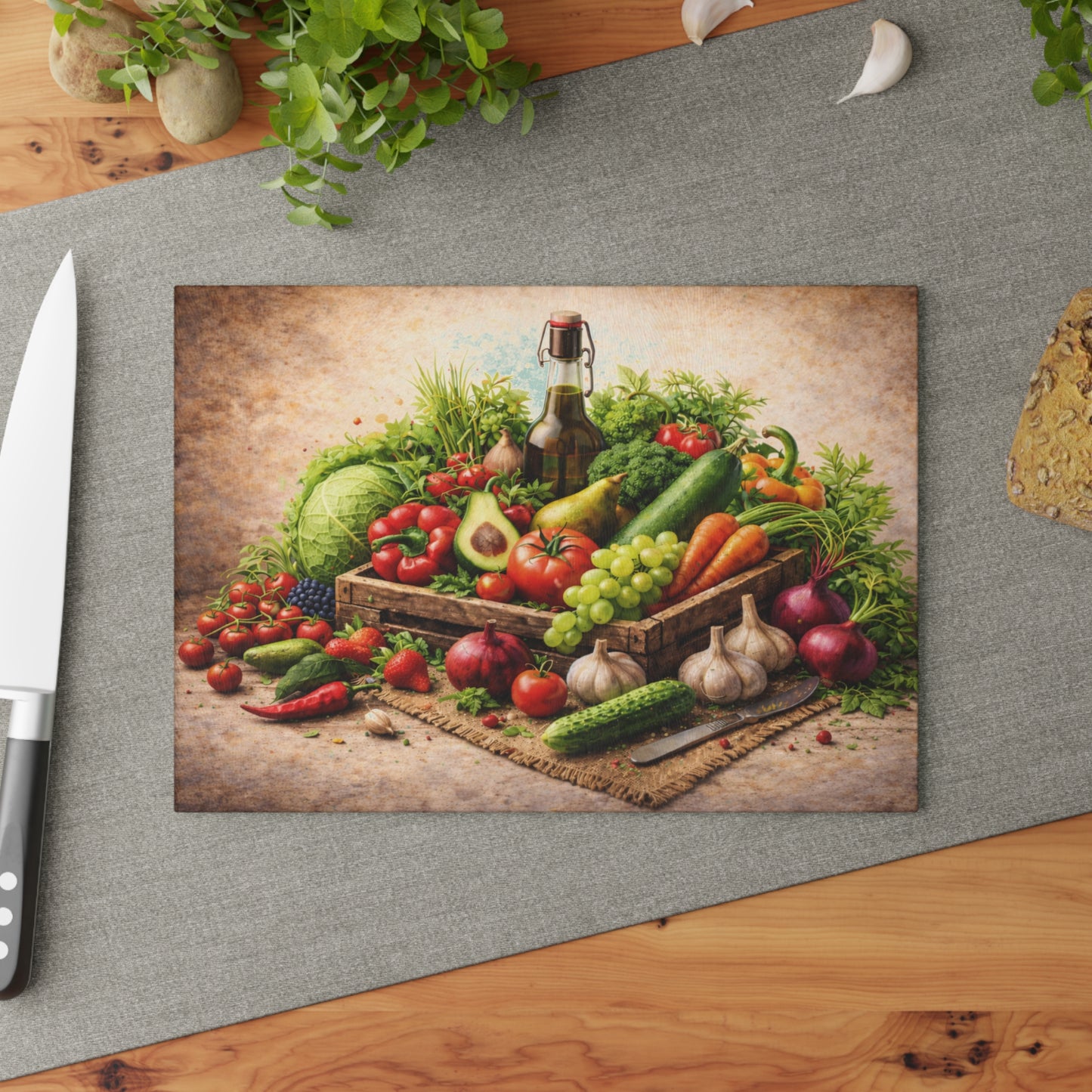 Farm Fresh Harvest Glass Cutting Board – Rustic Market Vegetable Kitchen Art