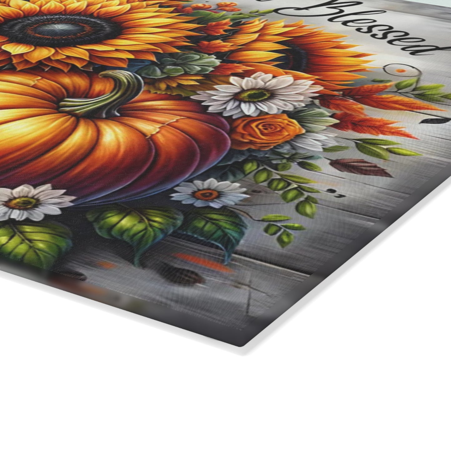 🍂🌻 “Thankful • Grateful • Blessed” Glass Cutting Board – Harvest Glow for Your Kitchen