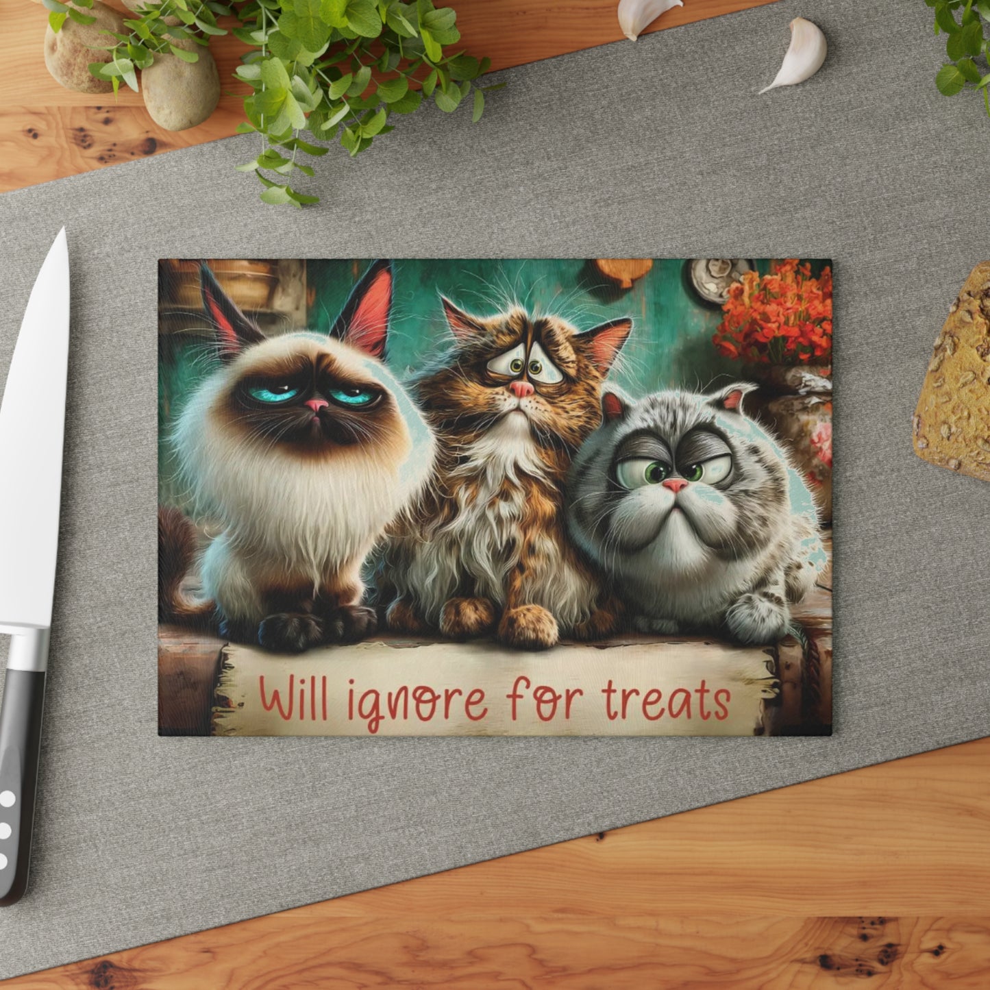 🐾🍪 “Will Ignore for Treats” Glass Cutting Board – Whimsical Cat Lovers Kitchen Décor