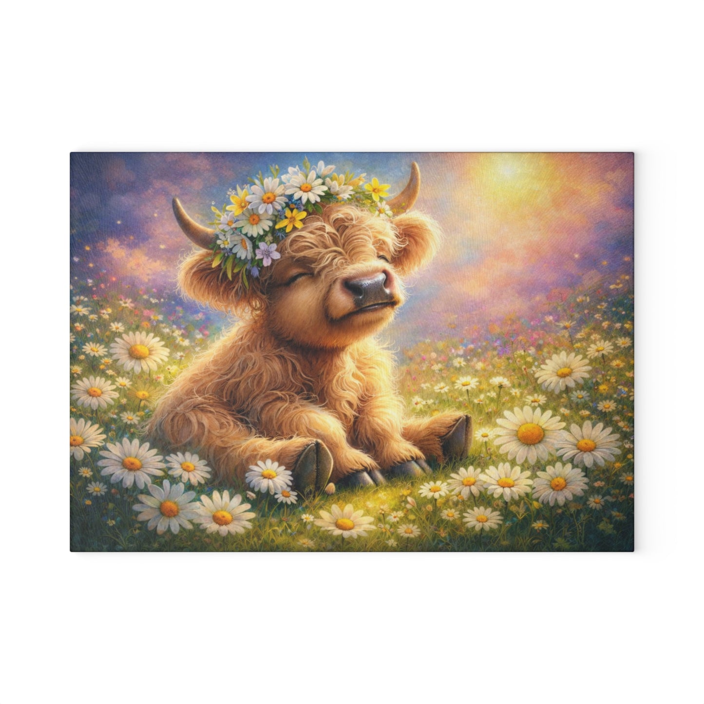 Highland Calf Daisy Meadow Glass Cutting Board – Spring Farmhouse Kitchen Decor with Floral Crown Cow Design
