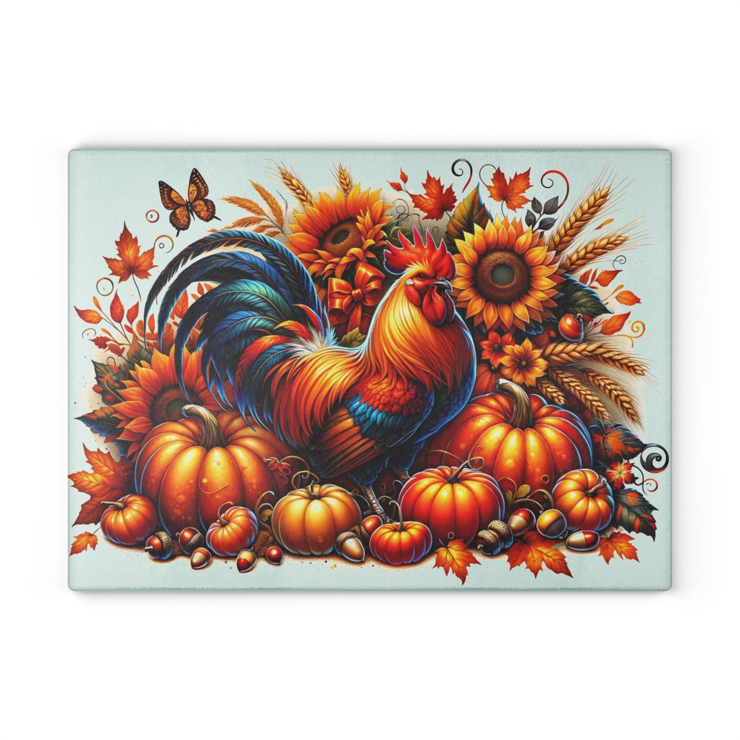 🧡🌻 “Harvest Rooster & Sunflowers” Glass Cutting Board – Cozy Charm for Your Kitchen