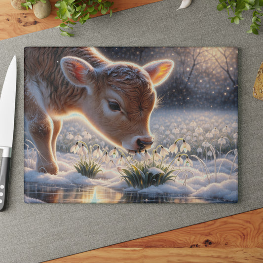 Frosted Meadow Calf Glass Cutting Board – Whimsical Winter Farm Art