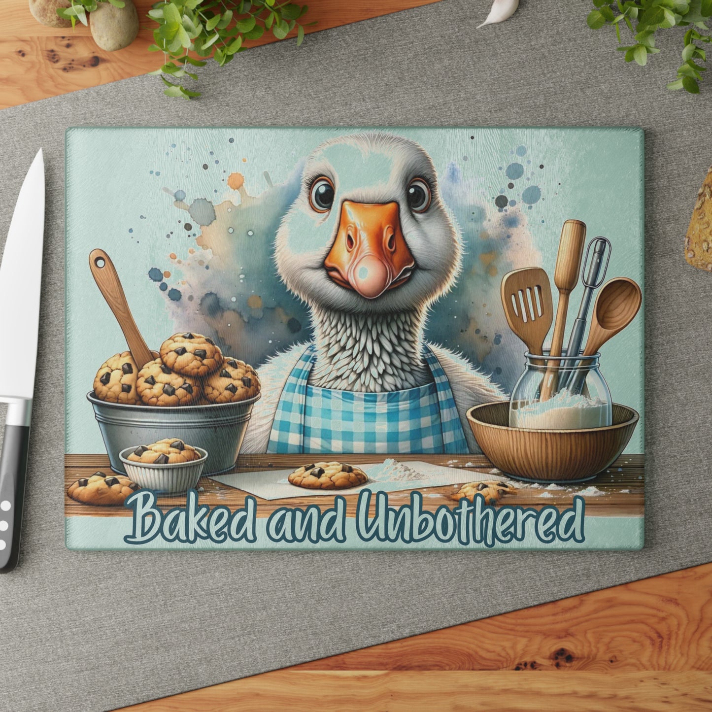 🪿🍪 “Baked and Unbothered” Glass Cutting Board – Sweet Whimsy for Your Kitchen
