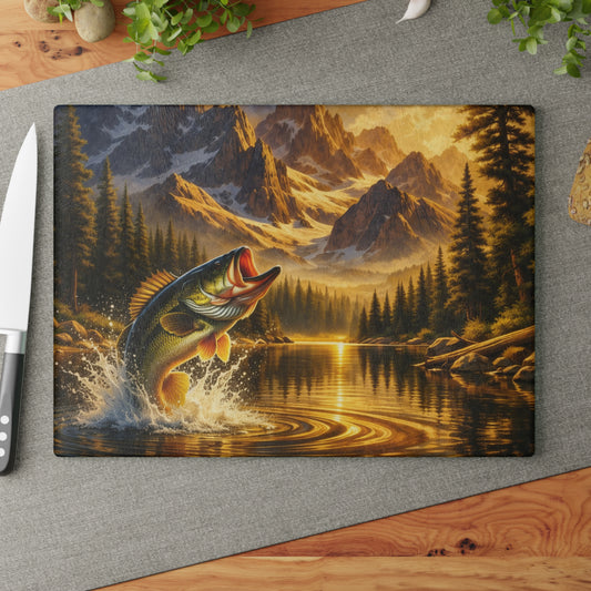 Golden Mountain Bass Glass Cutting Board – Rustic Fishing Lake Landscape Kitchen Art
