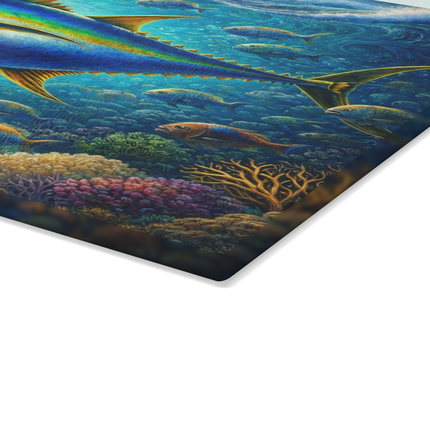 Majestic Ocean Current Fish Glass Cutting Board – Vivid Underwater Reef Artwork