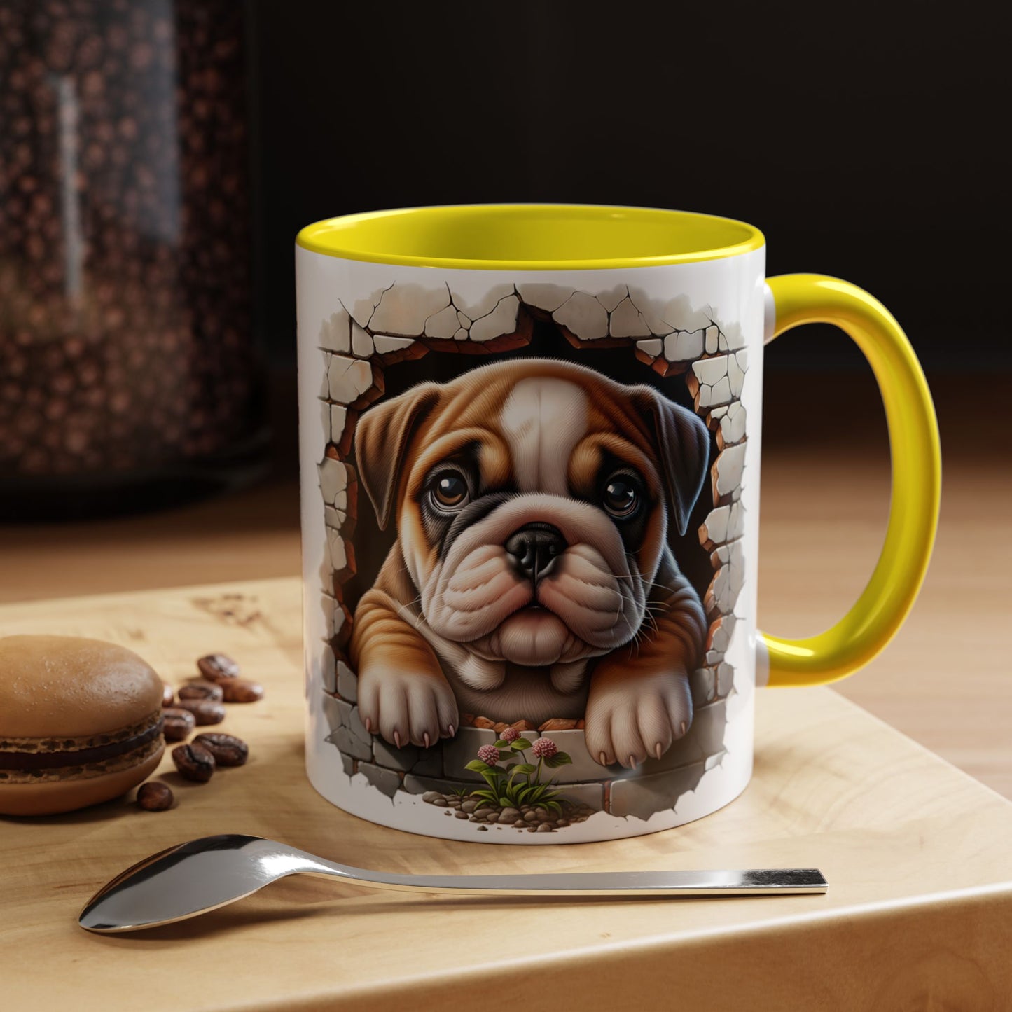 🎀🐶 English Bulldog Puppy Accent Mug – Cute Peek-Through Dog Design for Animal Lovers ☕💖
