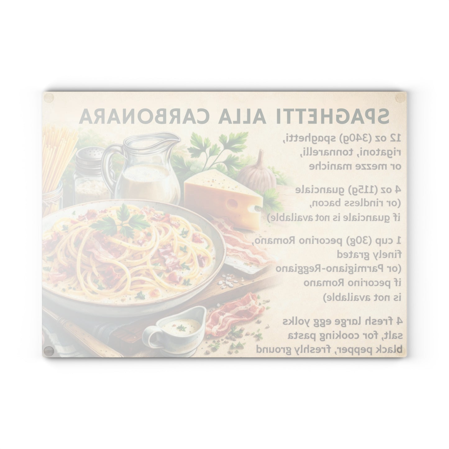 Spaghetti alla Carbonara Recipe Glass Cutting Board – Classic Italian Kitchen Artwork