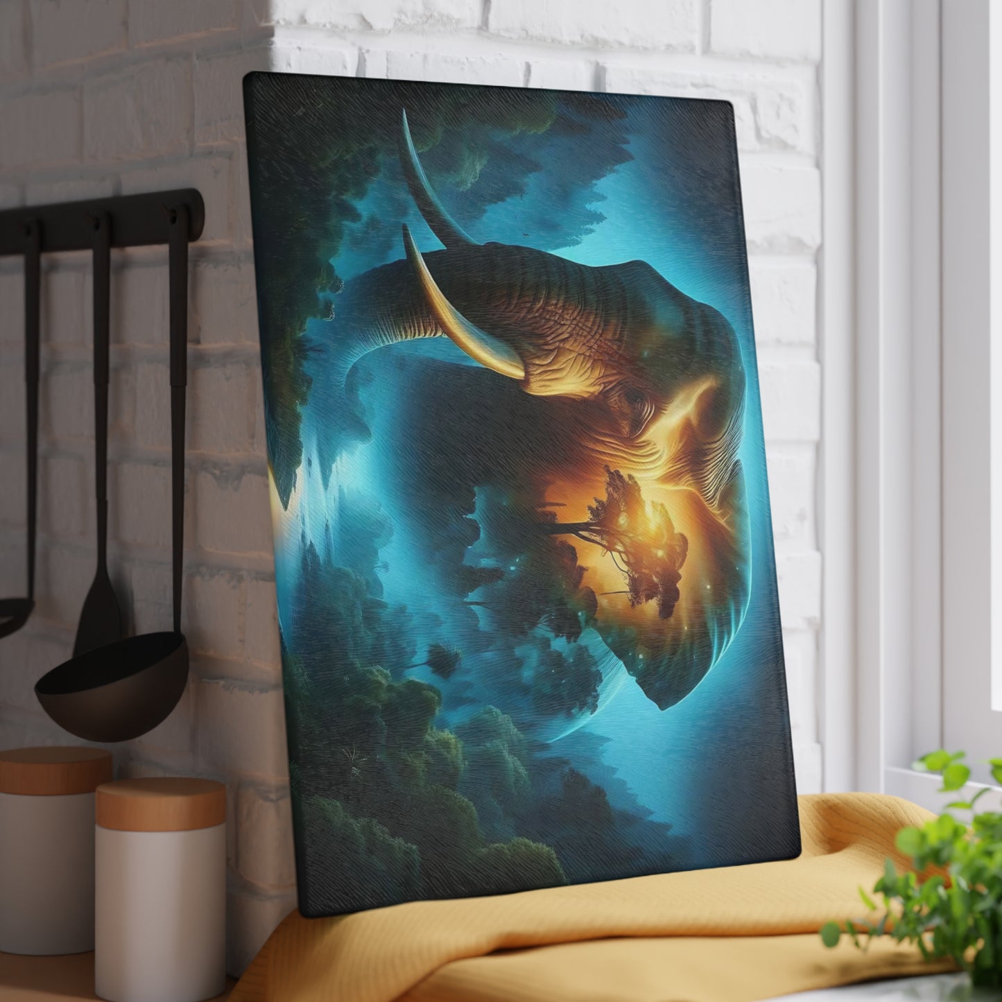 Tabla de cortar de vidrio templado con forma de elefante: presenta una impresionante representación artística de un elefante.