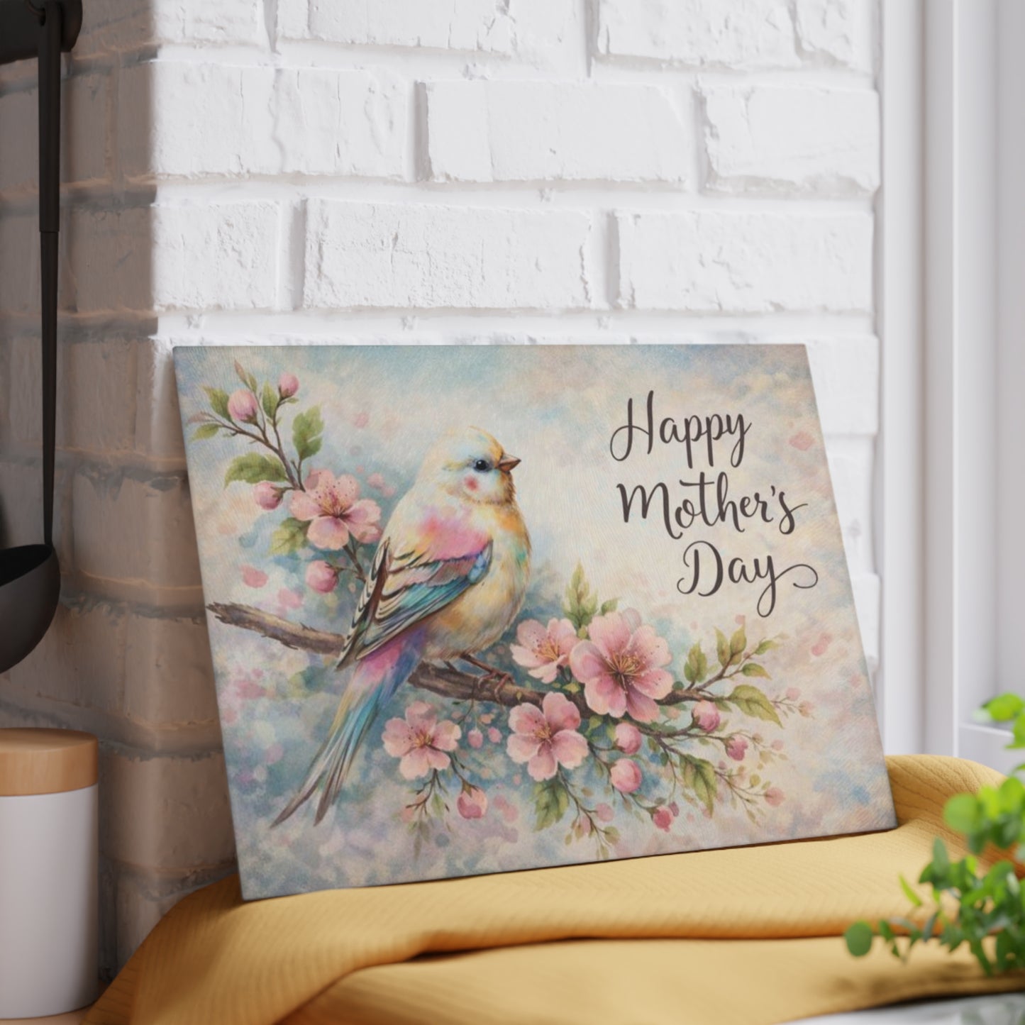 Happy Mother’s Day Bird & Cherry Blossom Glass Cutting Board – Soft Spring Floral Kitchen Accent