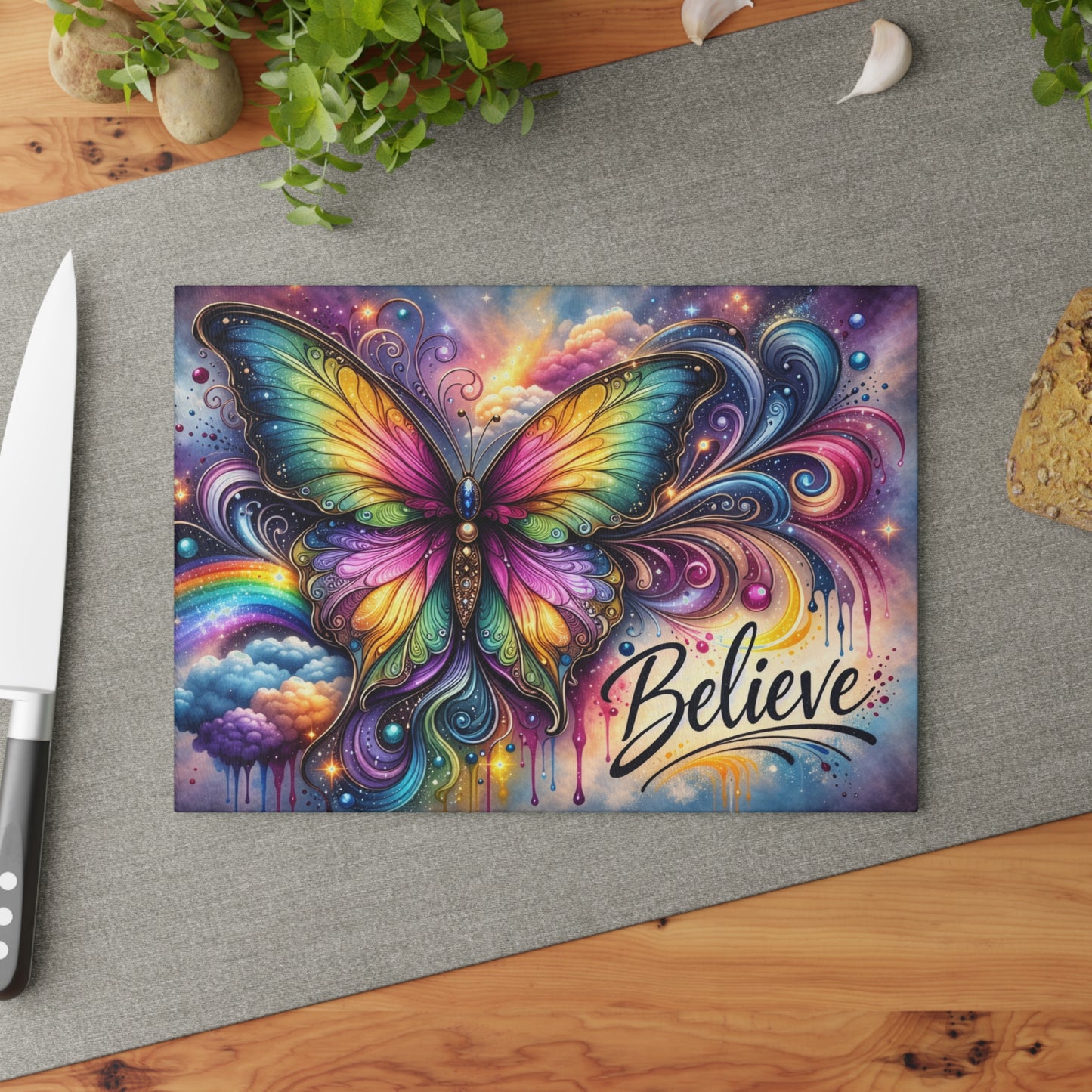 Believe Butterfly Glass Cutting Board – Rainbow Butterfly Inspirational Kitchen Art