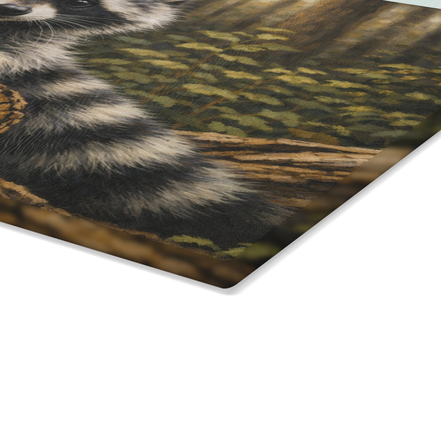 Raccoon Woodland Glass Cutting Board – Forest Wildlife Artwork