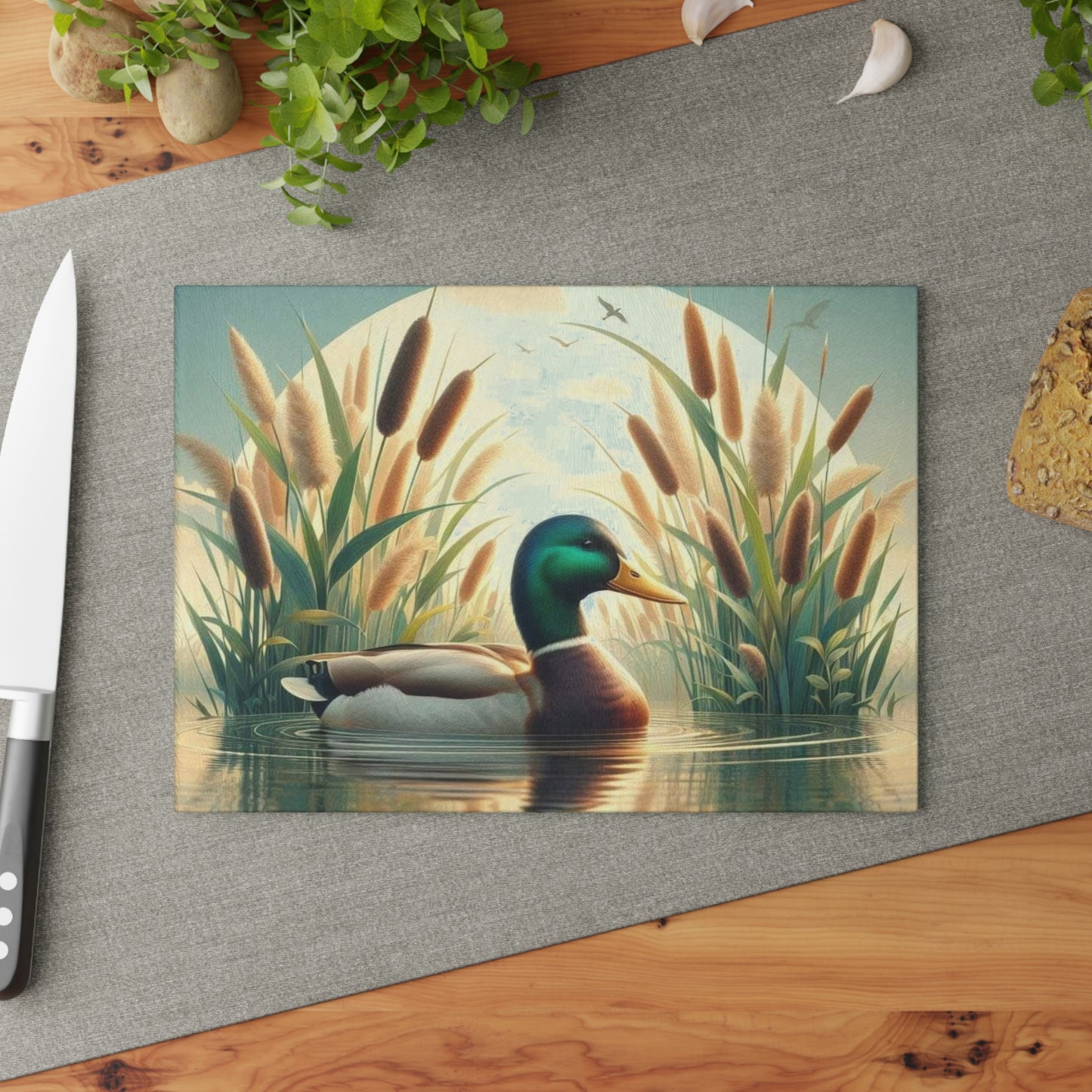 Serene Mallard in Reeds Cutting Board – Peaceful Lake & Nature Art