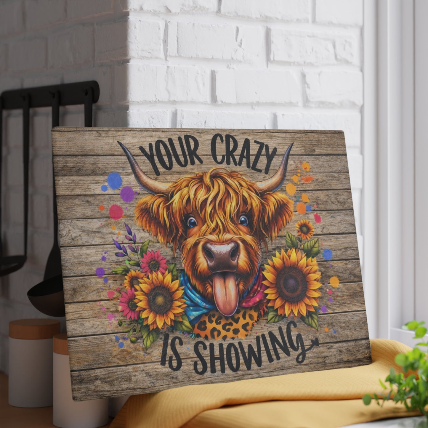 Your Crazy Is Showing Highland Cow Glass Cutting Board – Fun Farmhouse Kitchen Decor