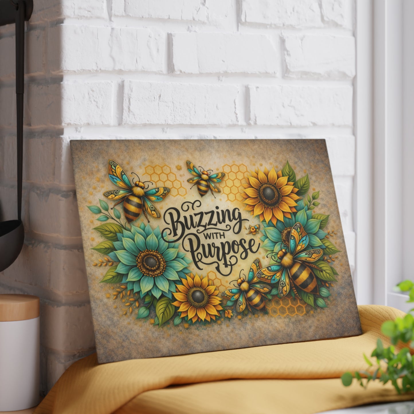 Buzzing with Purpose Glass Cutting Board – Rustic Farmhouse Kitchen Decor