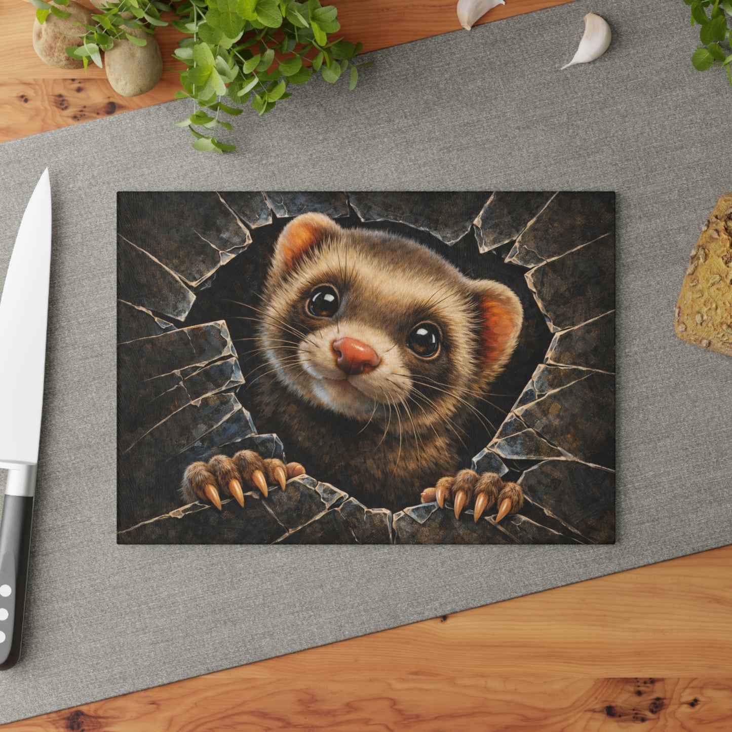 Ferret Breaking Through Wall Glass Cutting Board – Playful Wildlife Peek Artwork