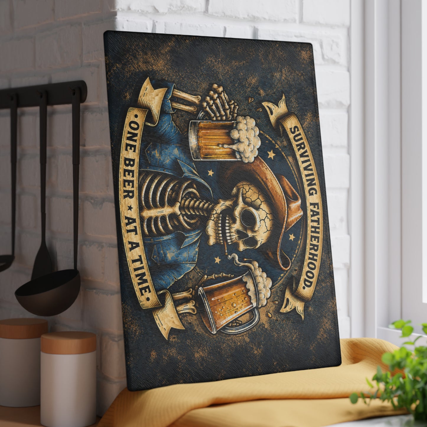 Surviving Fatherhood One Beer at a Time Glass Cutting Board – Funny Dad Skeleton Cowboy Decor