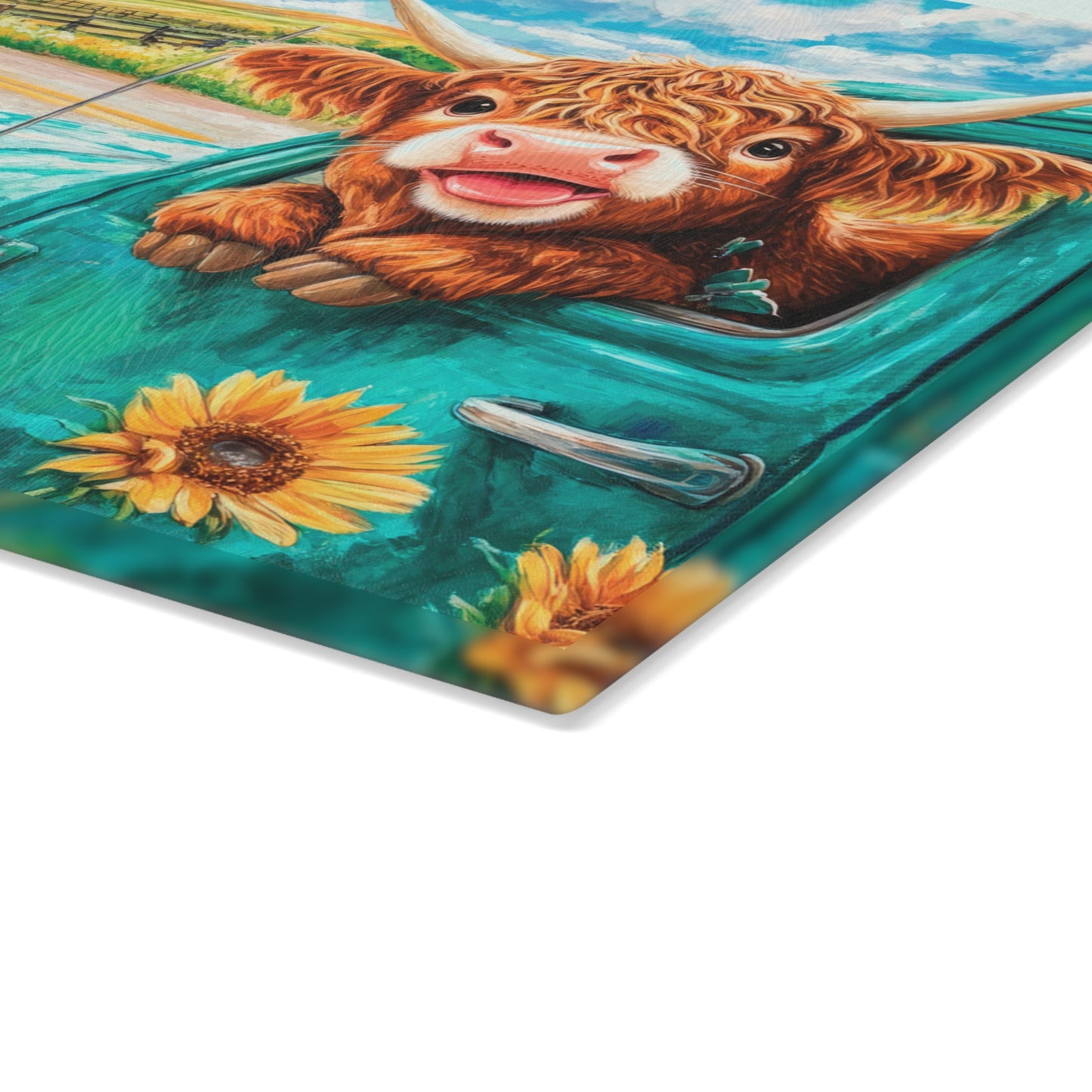 🚜🌻 Baby Highland Cow in Old Truck Glass Cutting Board – Rustic Farm Charm with Sunflowers & Barn 🌼
