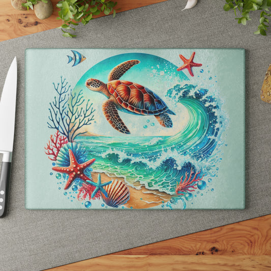 Tabla de cortar con diseño de tortuga y olas del océano: un toque de serenidad y estilo costero