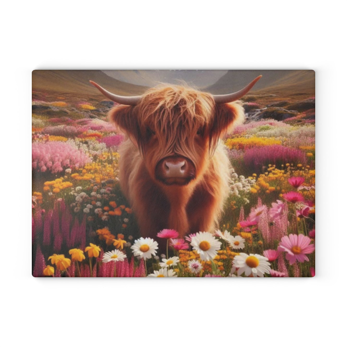 🐮 Highland Cow in a Field of Flowers – Rustic Floral Glass Cutting Board