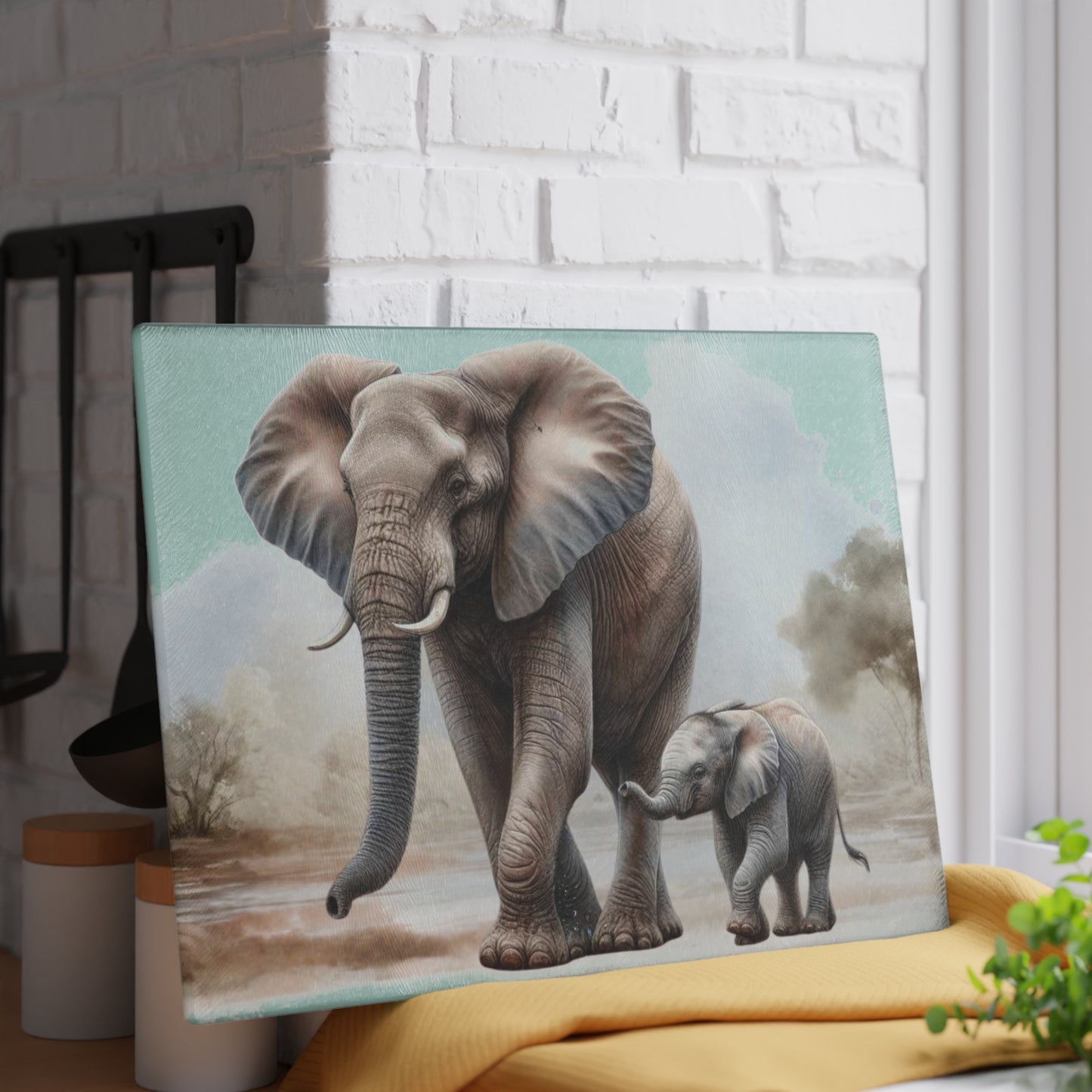 Mama Elephant and baby tempered glass cutting board