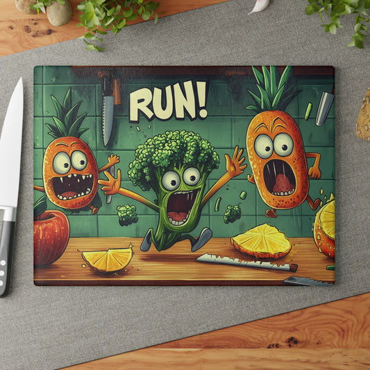 Tabla de cortar de vidrio "¡CORRE!" - Decoración de cocina de humor de Scared Veggies 😱🔪