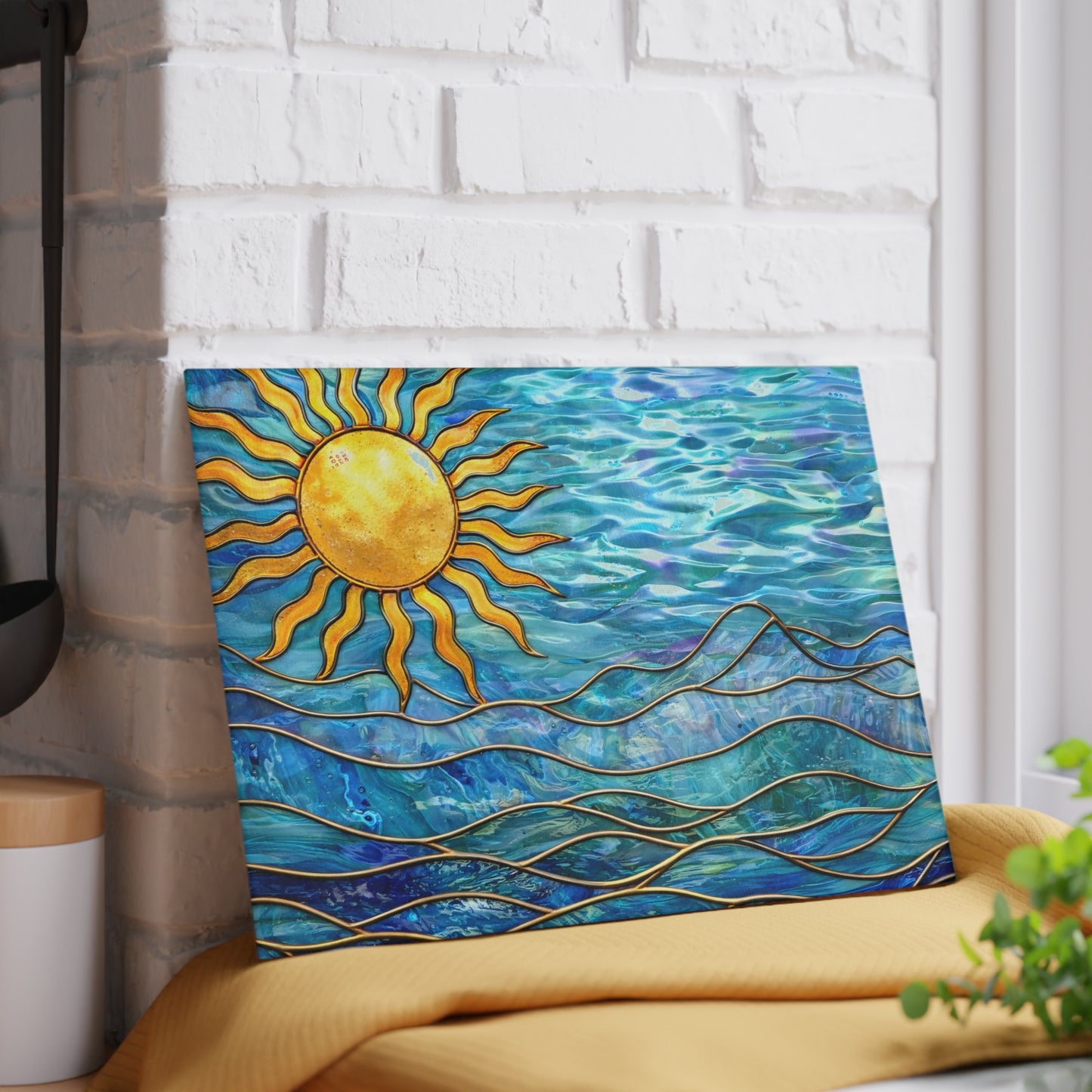 Sunlit Ocean Waves Glass Cutting Board – Coastal Art Kitchen Decor