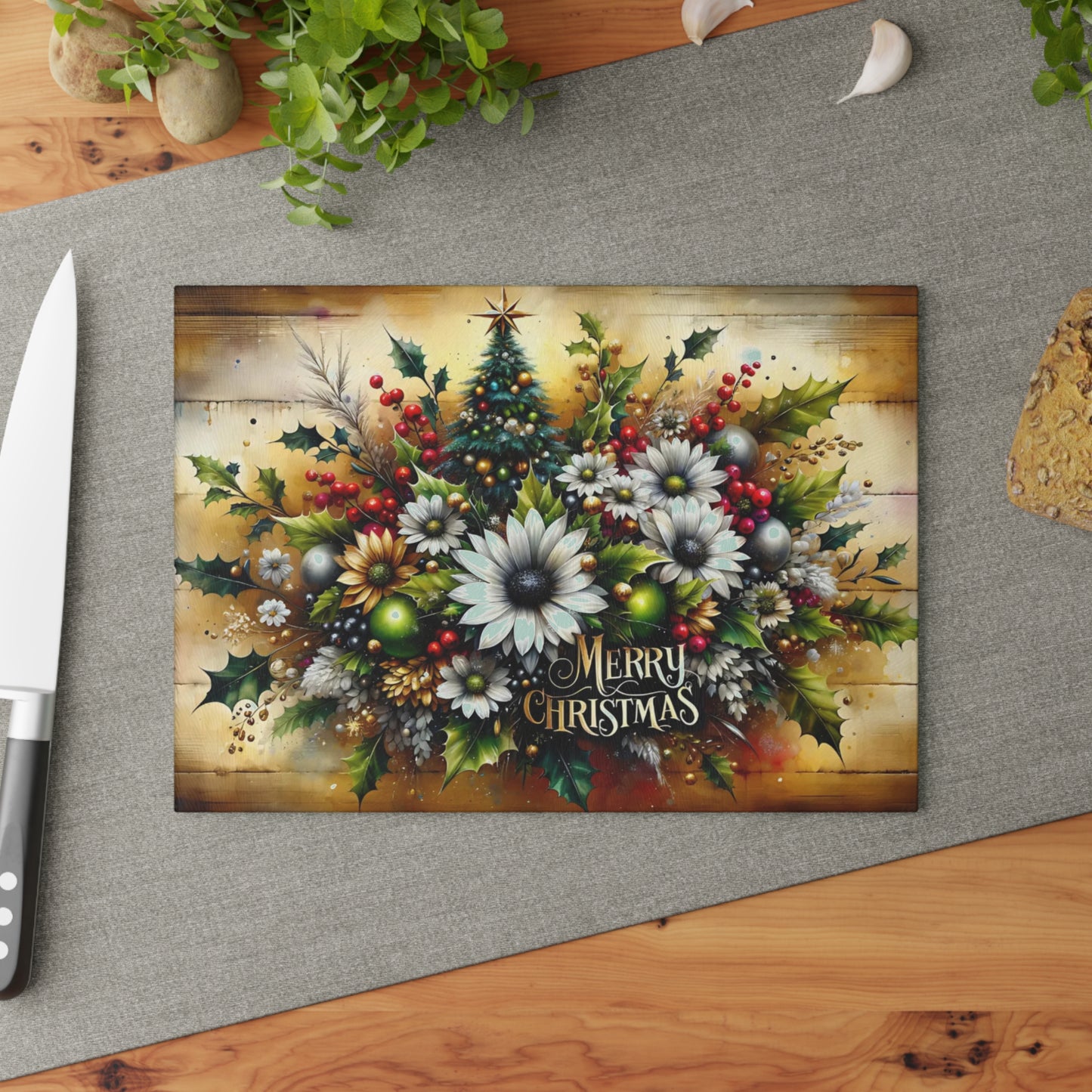 🎄✨ “Merry Christmas Florals” Glass Cutting Board – Festive Farmhouse Glow for Your Kitchen