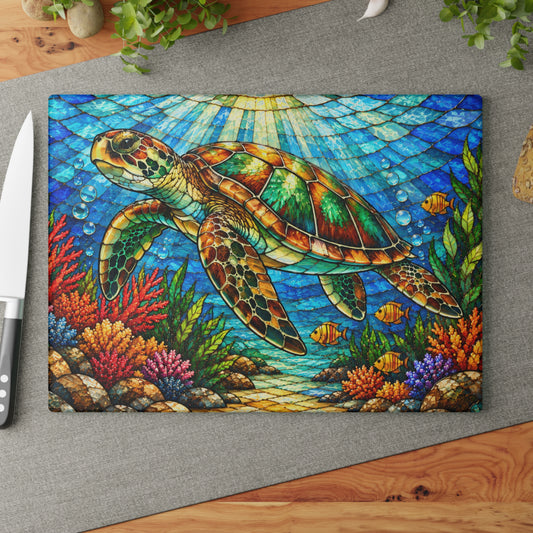 Stained-Glass-Inspired Sea Turtle Cutting Board – Colorful Tropical Coral Reef, Sunlit Ocean & Coastal Kitchen Décor