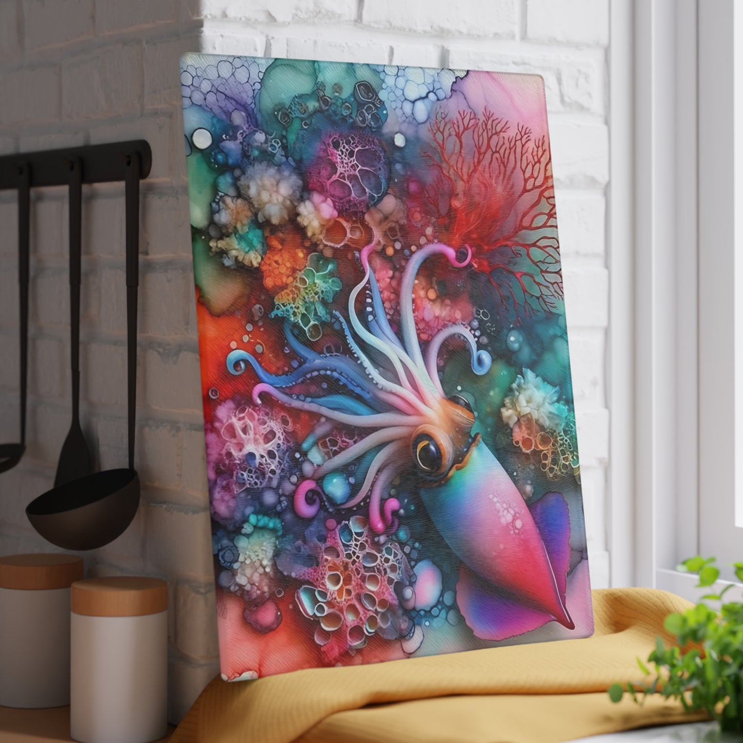 Tabla de cortar de vidrio con diseño de calamar en acuarela: arte submarino vibrante para exhibiciones de cocina llamativas