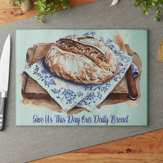 🍞✨ “Daily Bread Blessing” Glass Cutting Board – Warm Faith for Your Kitchen