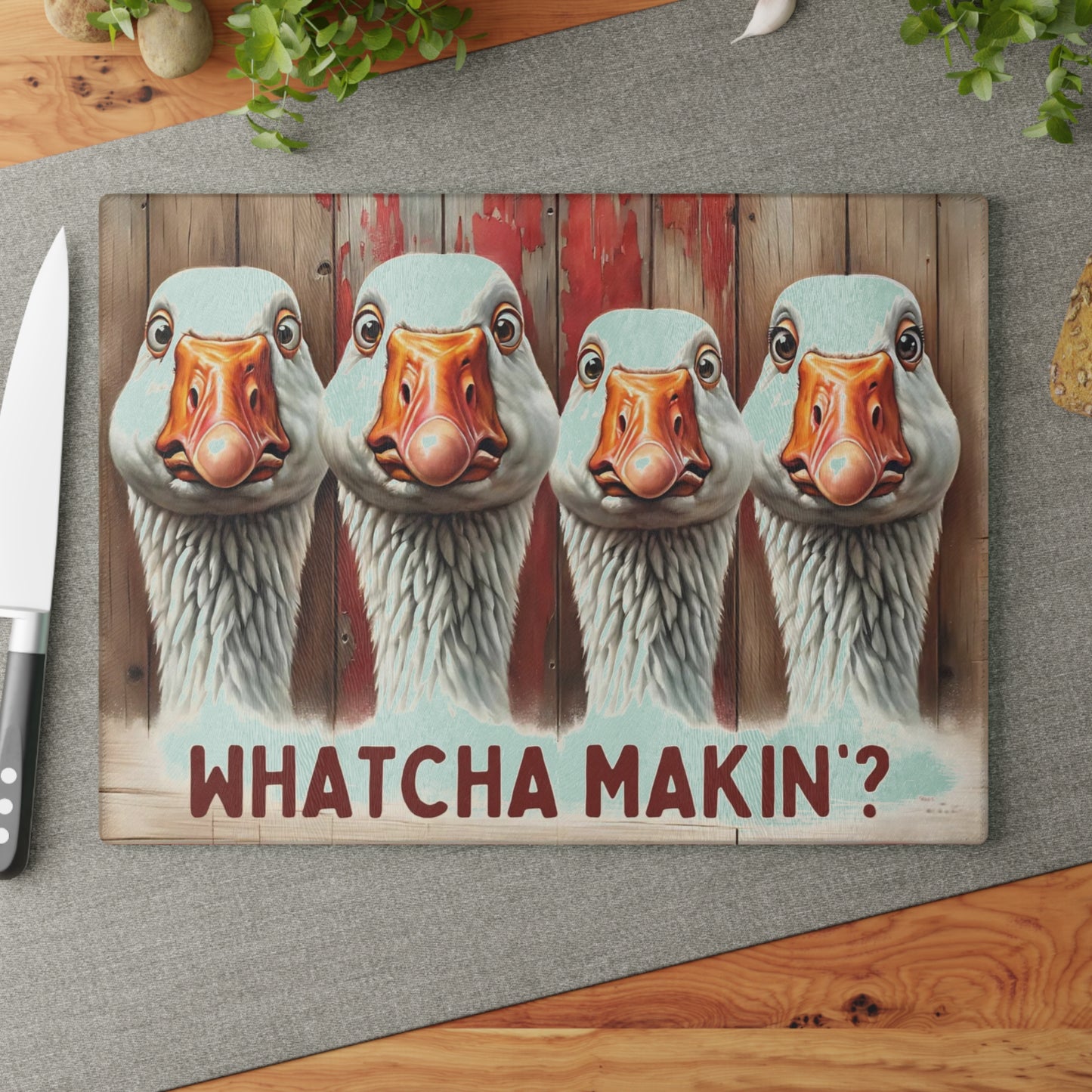 🪿🤎 “Whatcha Makin’?” Glass Cutting Board – Cozy Charm for Your Kitchen