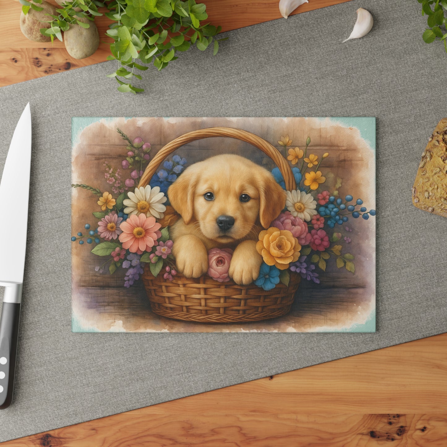 🐾🌼 Golden Puppy in Basket Cutting Board – Timeless Sweetness for Your Kitchen 🌸