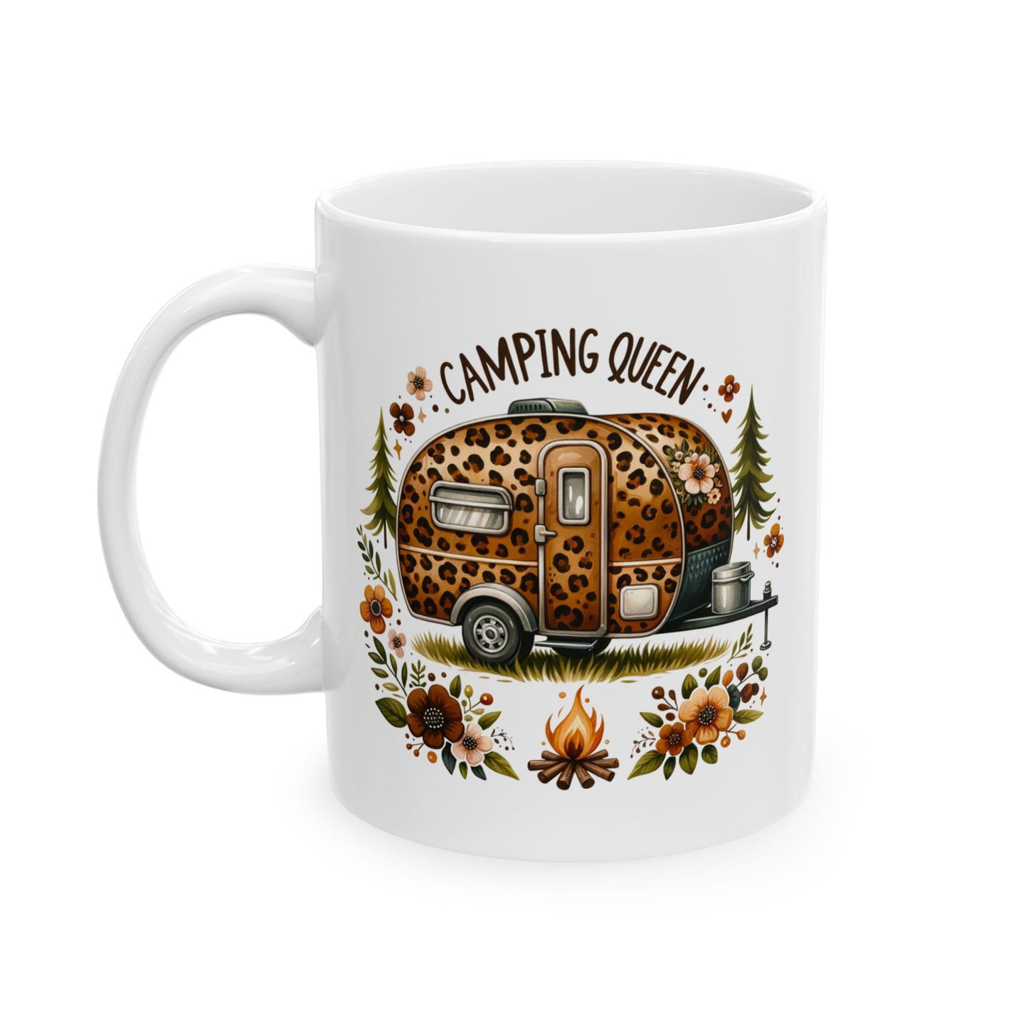 🏕️ Camping Queen – Leopard Print Camper Coffee Mug 🌸