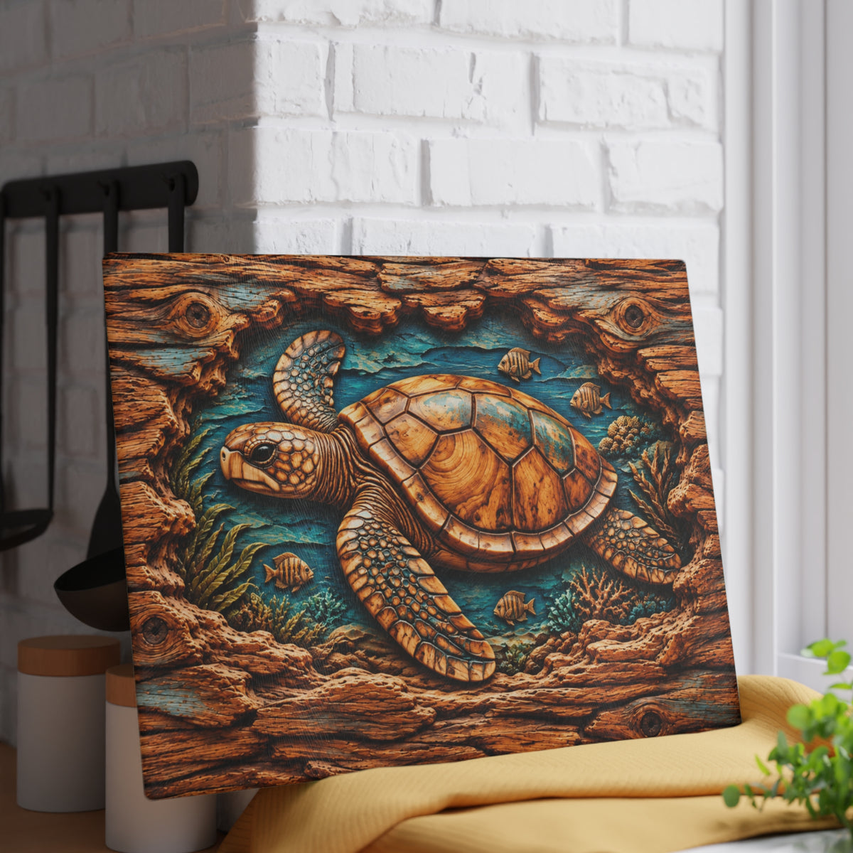 Ultra-Realistic 3D Wood-Carved Sea Turtle Cutting Board – High-Relief Pop-Out Illusion, Rustic Driftwood Frame & Underwater Ocean Kitchen Décor