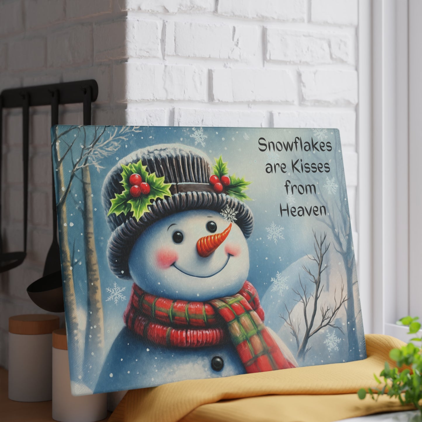 ⛄️❄️ “Snowflakes Are Kisses from Heaven” Tempered Glass Board – Cozy Winter Smiles