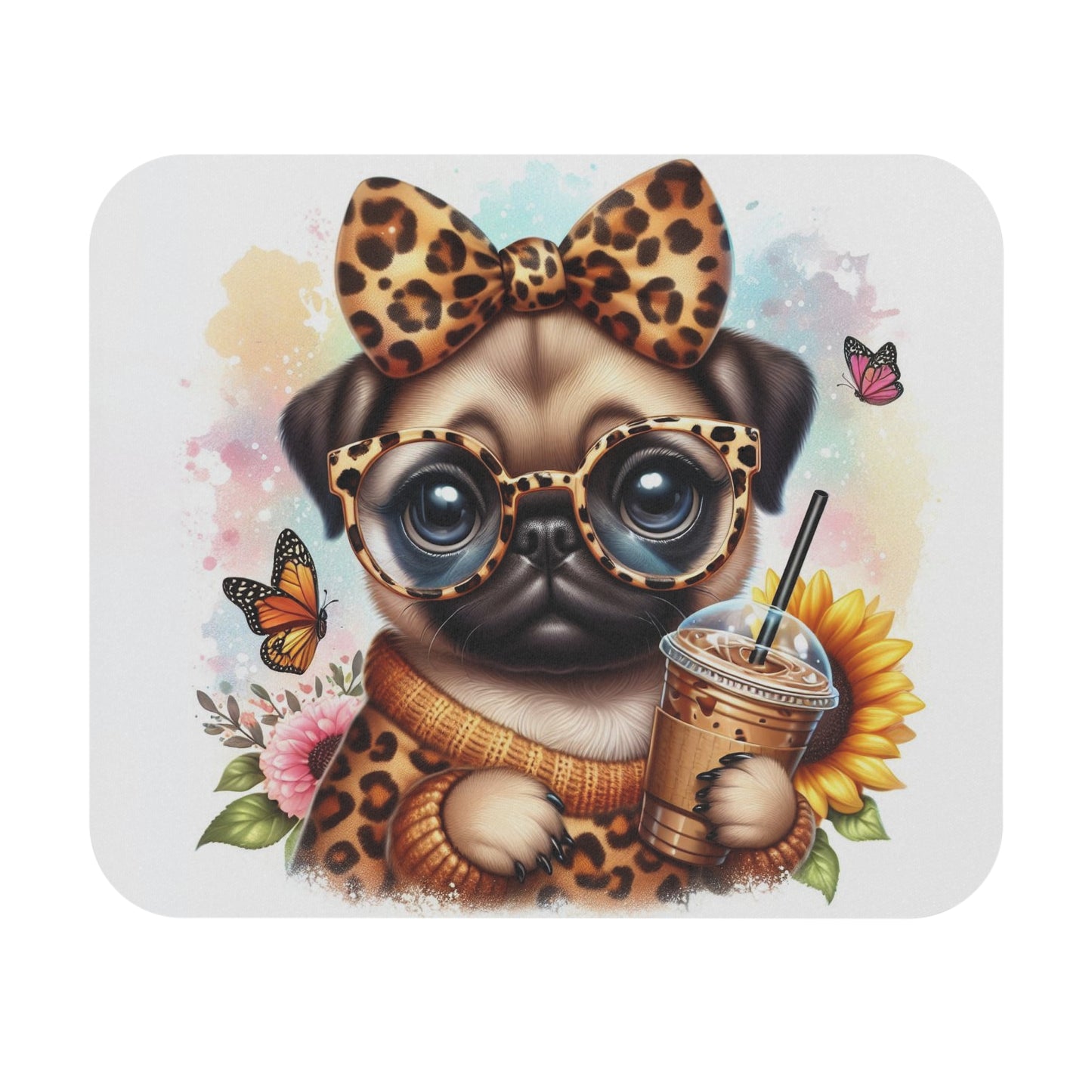 🖱️🐶🧋 Leopard Chic Pug Mouse Pad – Glasses, Bow & Iced Coffee