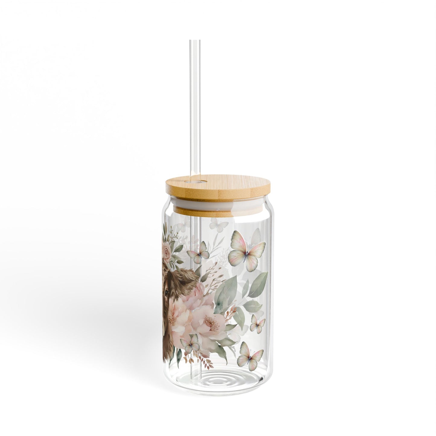 🐮🌸 Floral Highland Cow Sipper Glass – Rustic 16oz Charm with Country Elegance 🍹