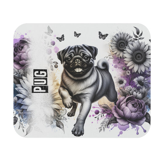 🖱️🐾🖤 Pug Mouse Pad – Playful Pug with Monochrome Florals & Purple Accents