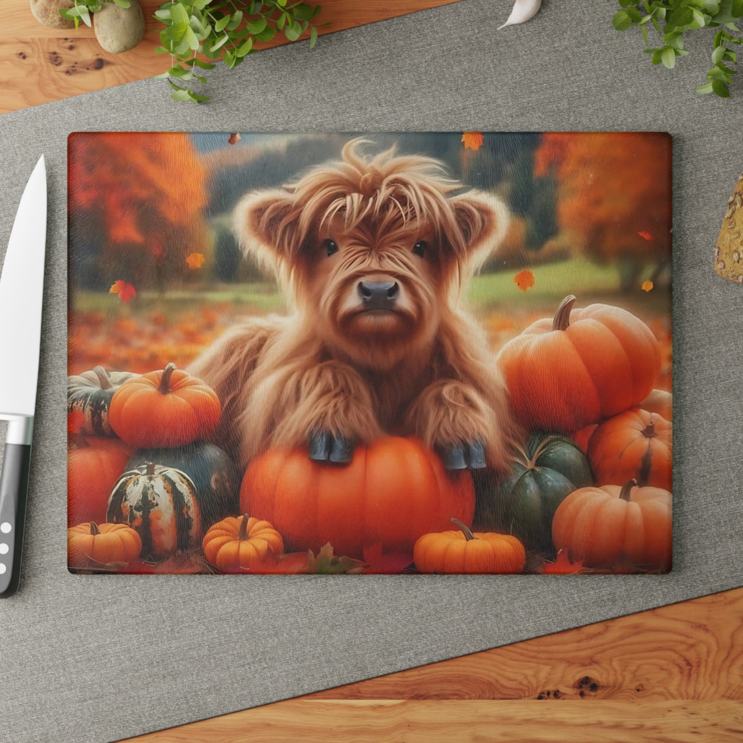 🍂🐮 Autumn Highland Calf Cutting Board – Rustic Fall Charm for Your Farmhouse Kitchen 🎃🍁