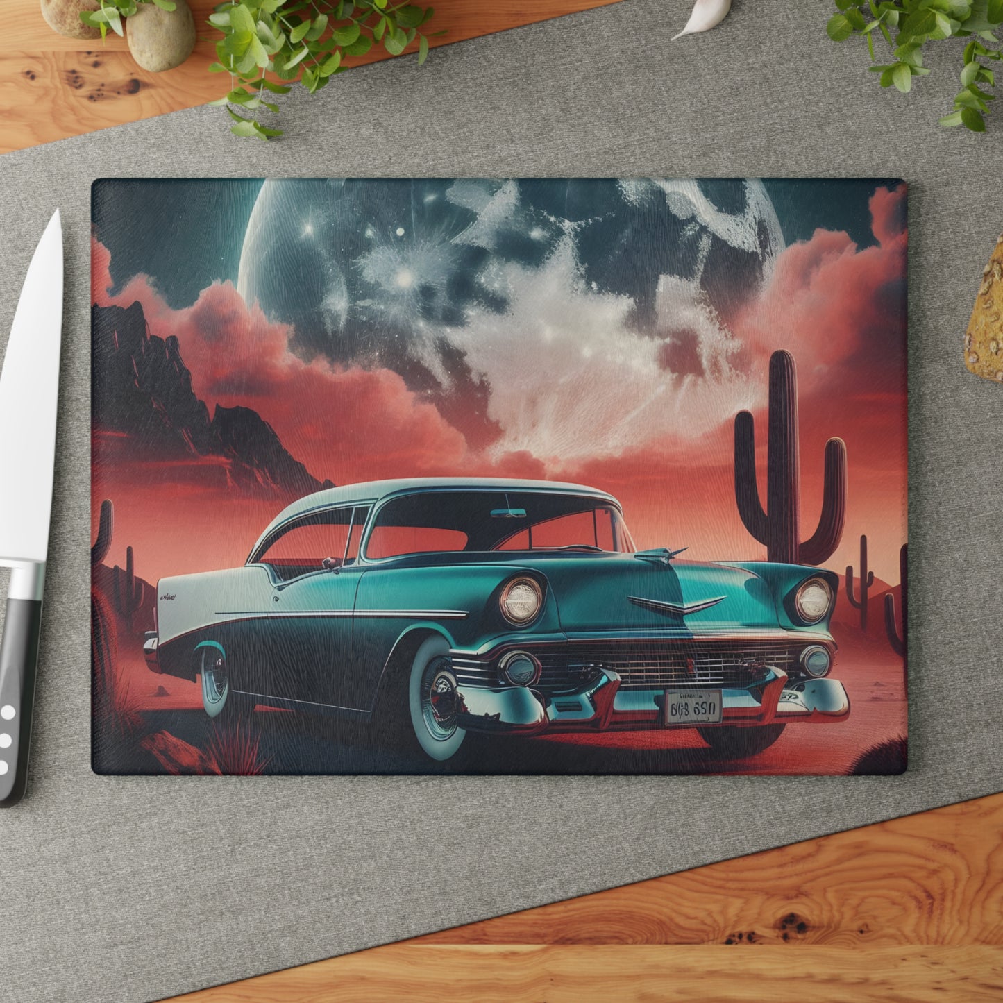 🌵 Retro Desert Night Car Cutting Board – Vintage Vibes for Your Kitchen 🚗