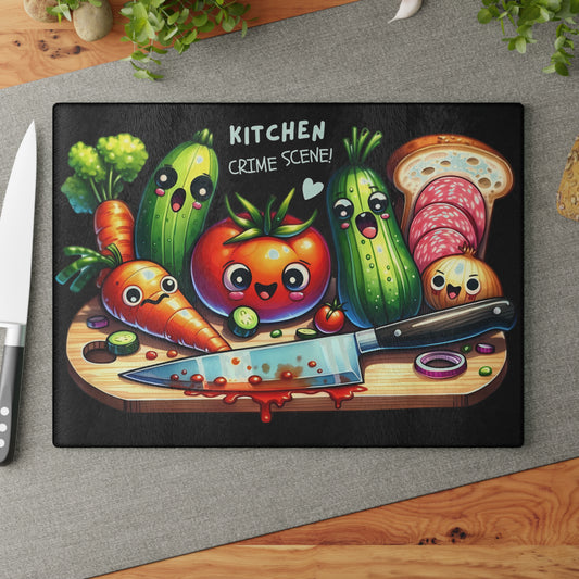 Tabla de cortar de vidrio con temática de escena del crimen en la cocina: verduras, pan y salami que gritan, decoración divertida para la cocina