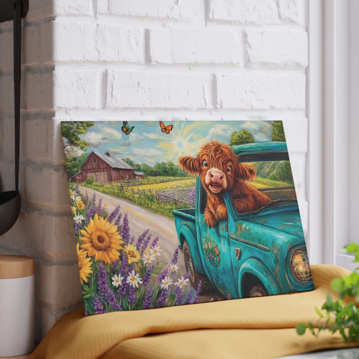🚚🌼 Excited Baby Highland Cow in Old Truck Glass Cutting Board – Farm Road Joyride with Sunflowers & Barn 🐮🌻