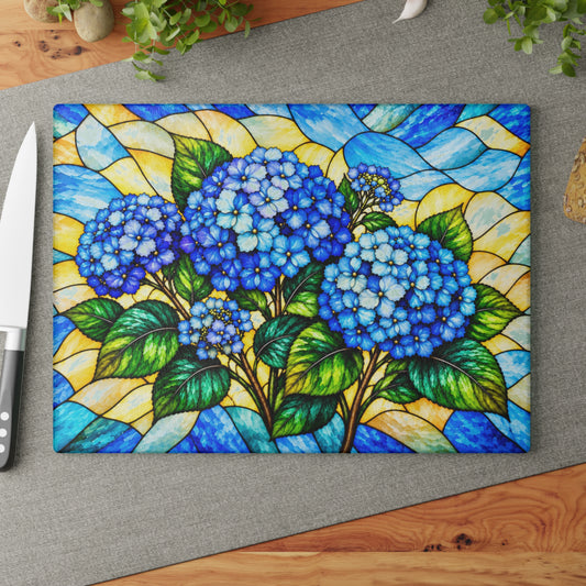 Stained-Glass-Inspired Blue Hydrangea Cutting Board – Vibrant Blue Floral Bouquet, Golden Mosaic Background & Botanical Kitchen Décor