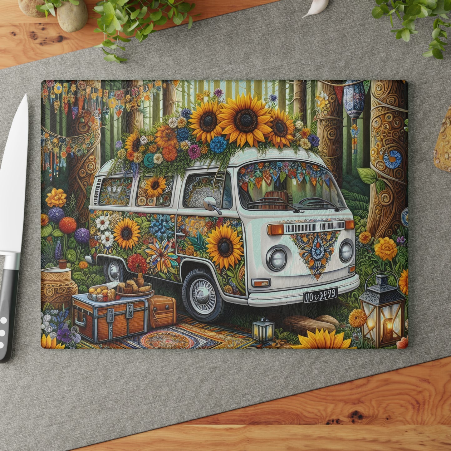 🌻 Boho Sunflower Van Cutting Board – Retro Vibes for Your Kitchen 🌼