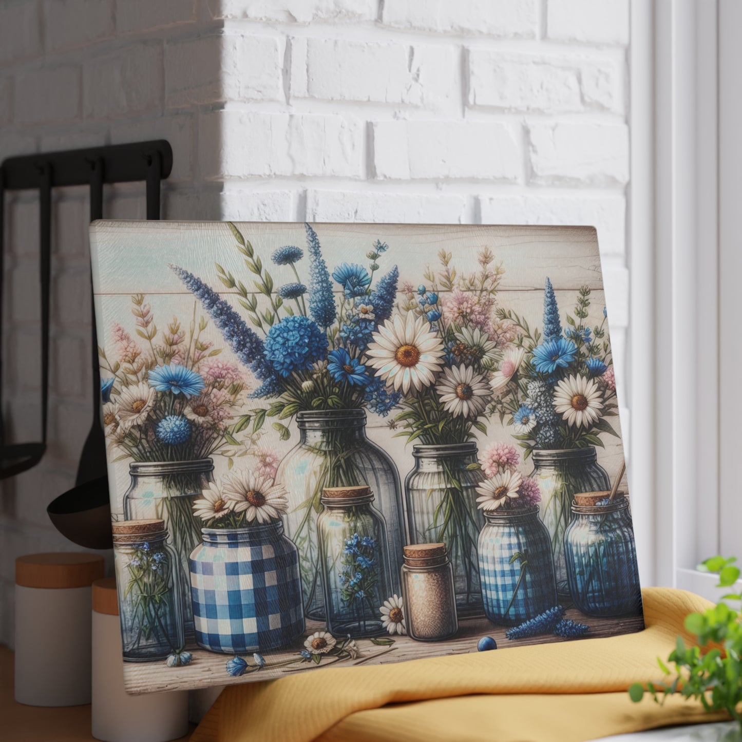 💙🌼 Blue Gingham Wildflower Mason Jar Cutting Board – Rustic Farmhouse Kitchen Charm 🌿✨