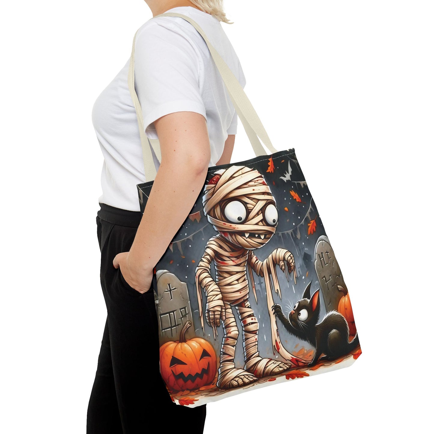 🎃 Mummy & Black Cat Halloween Tote Bag – Spooky Cute & Perfect for Trick-or-Treating 🖤🛍️