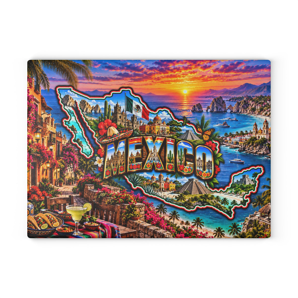 Mexico Map Cutting Board – Colorful Mexican Landmarks, Tropical Beaches, Mayan Pyramids, Mexican Flag & Kitchen Décor