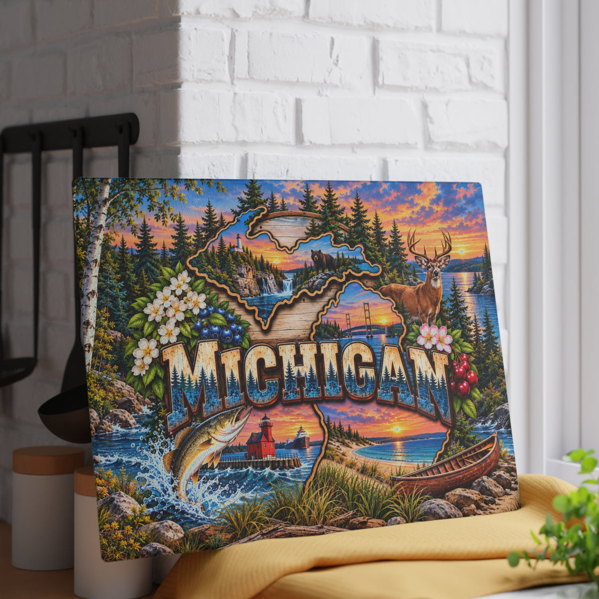 Michigan Scenic Glass Cutting Board – Great Lakes, Lighthouse, Deer, Black Bear & Michigan State Décor
